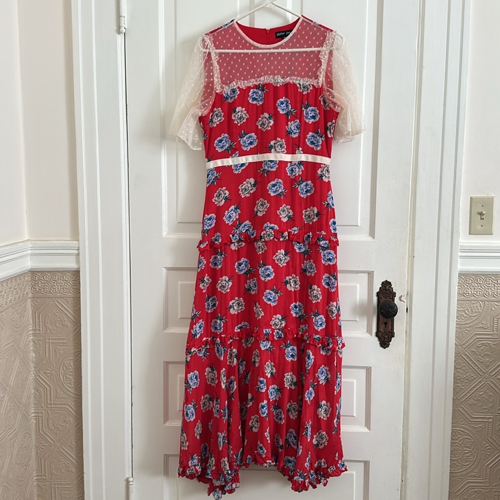Sister Jane Red Maxi Midi Sundress Tiered Lace Sheer Ruffle Floral Dress - Picture 4 of 7